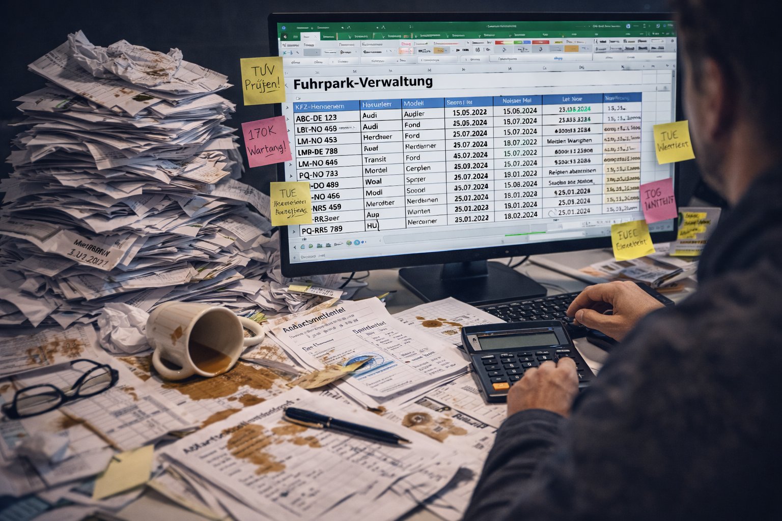 Fuhrparkverwaltung mit Excel – Zettelchaos, Kaffeeflecken und verpasste TÜV- und UVV-Fristen auf dem Schreibtisch