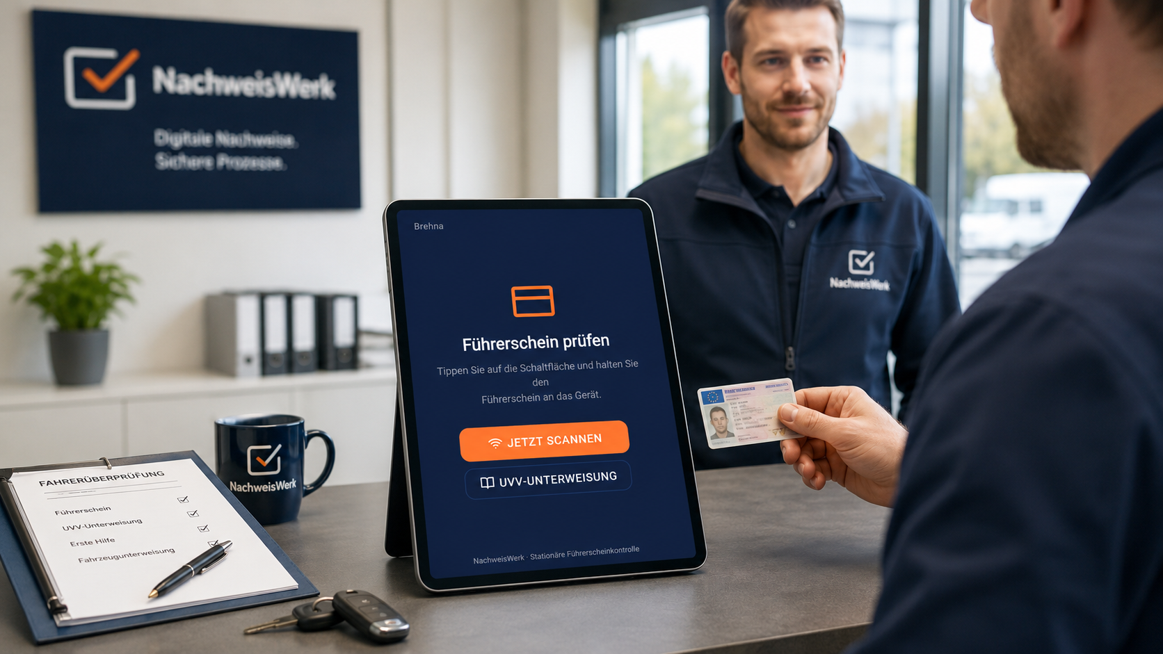 NachweisWerk™ stationäre Führerscheinkontrolle – Fahrer hält seinen Führerschein an ein zentrales Tablet am Empfang, Fuhrparkleiter bestätigt die Prüfung